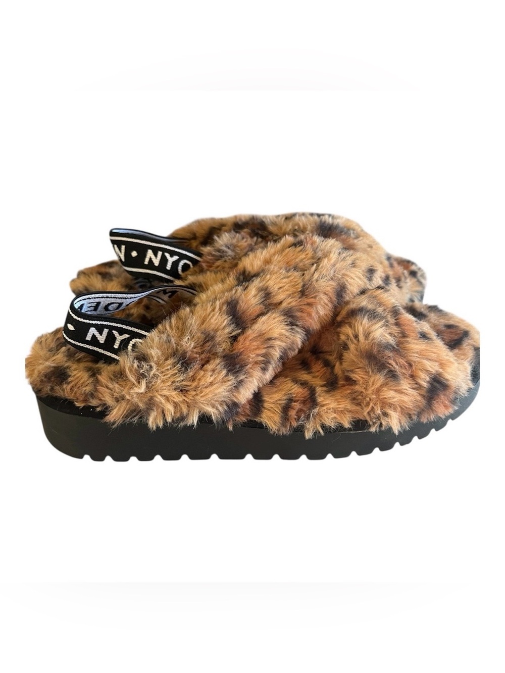 Leopard Faux Fur Platform Sandals with Branded Sling